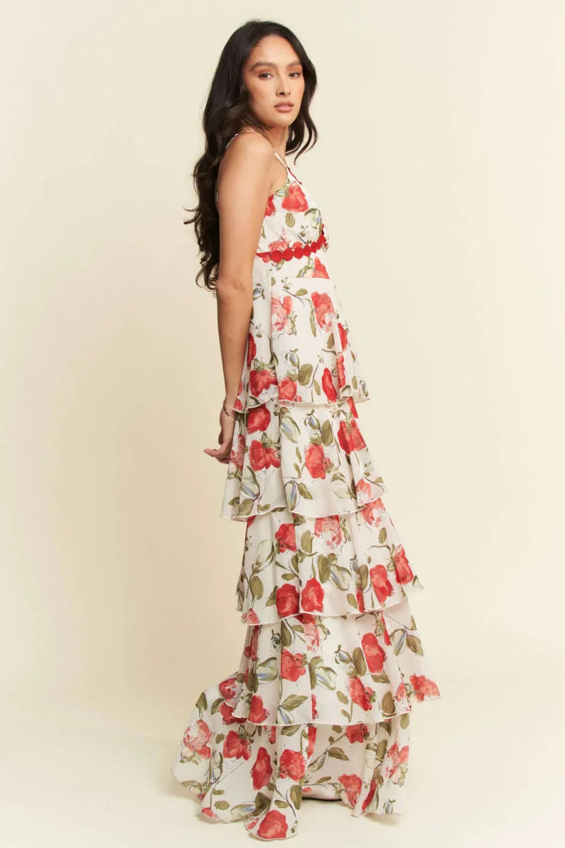 Davi & Dani Contrast Ring Lace Layered Ruffle Maxi Dress