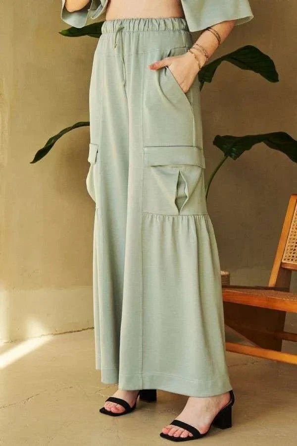 Davi & Dani Drawstring Ruched Detail Wide Leg Pants Style