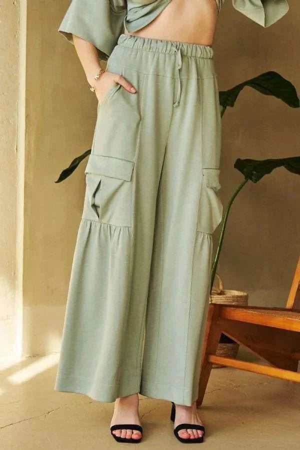 Davi & Dani Drawstring Ruched Detail Wide Leg Pants Style