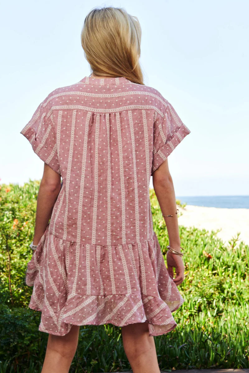 Davi & Dani Embroidery V Neck Short Sleeve Ruffled Mini Dress