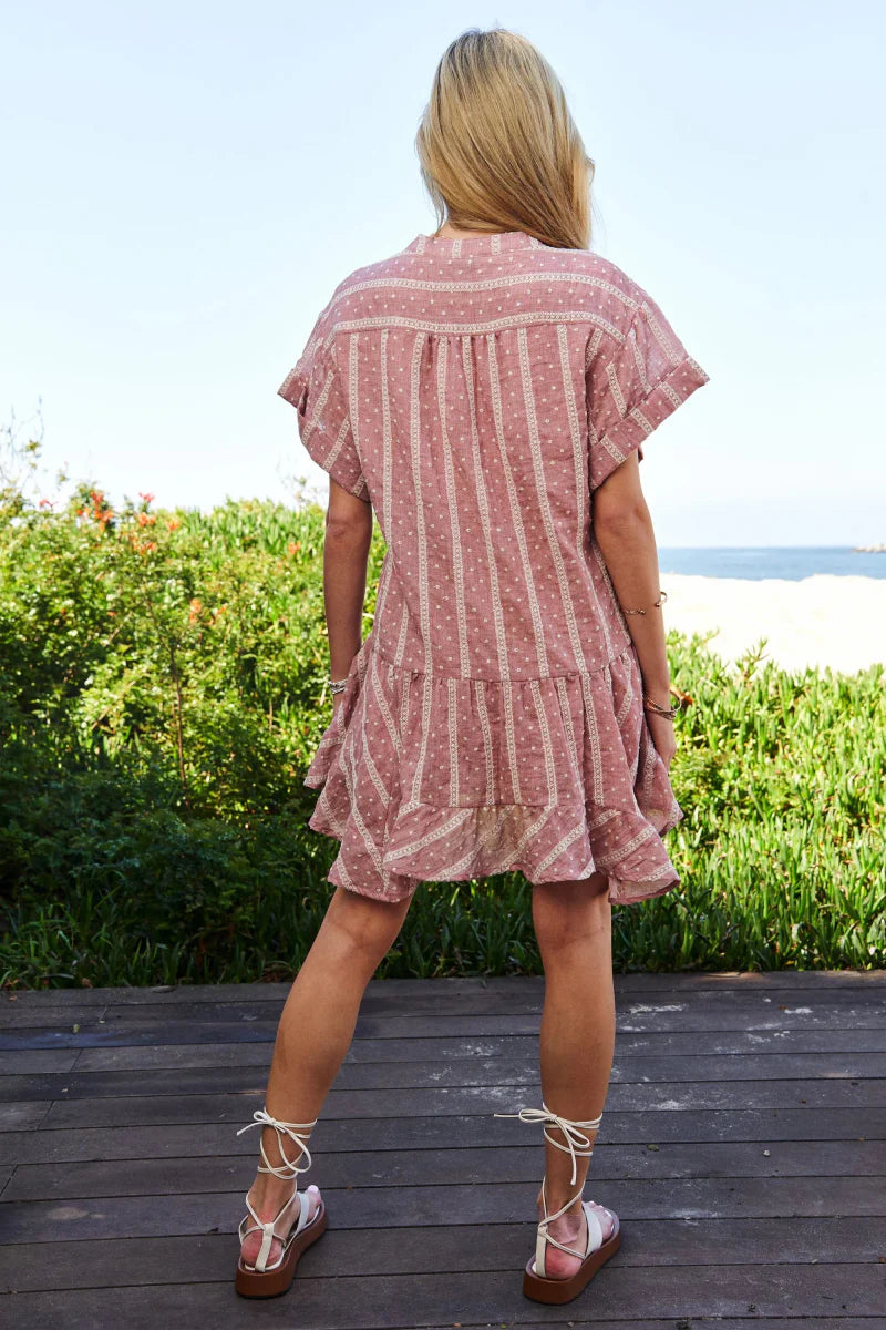 Davi & Dani Embroidery V Neck Short Sleeve Ruffled Mini Dress