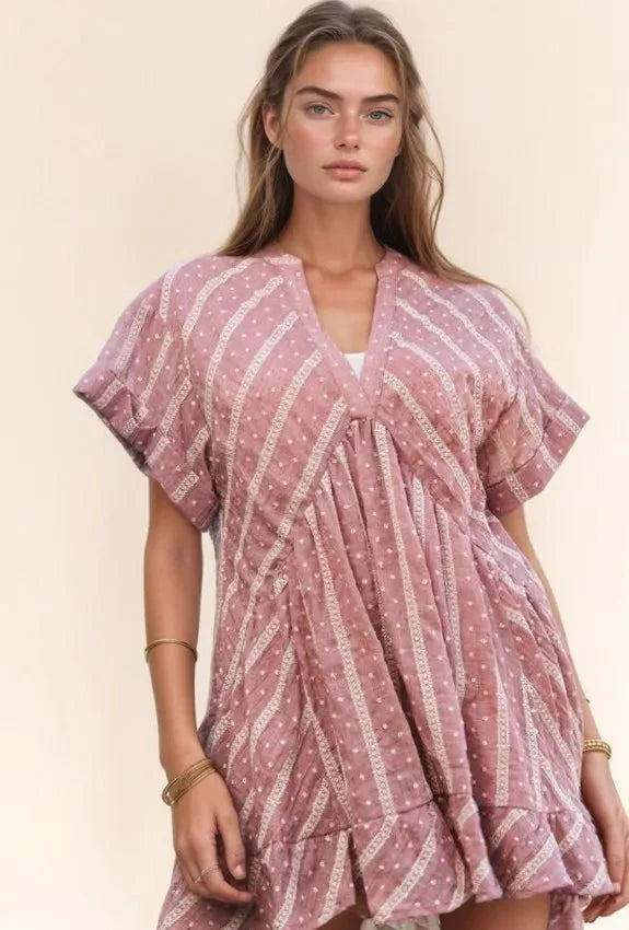 Davi & Dani Embroidery V Neck Short Sleeve Ruffled Mini Dress