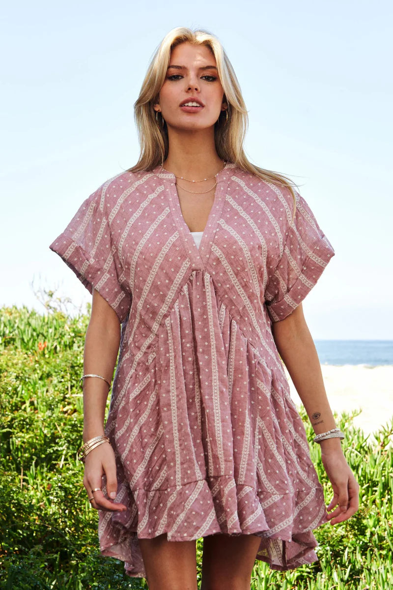 Davi & Dani Embroidery V Neck Short Sleeve Ruffled Mini Dress