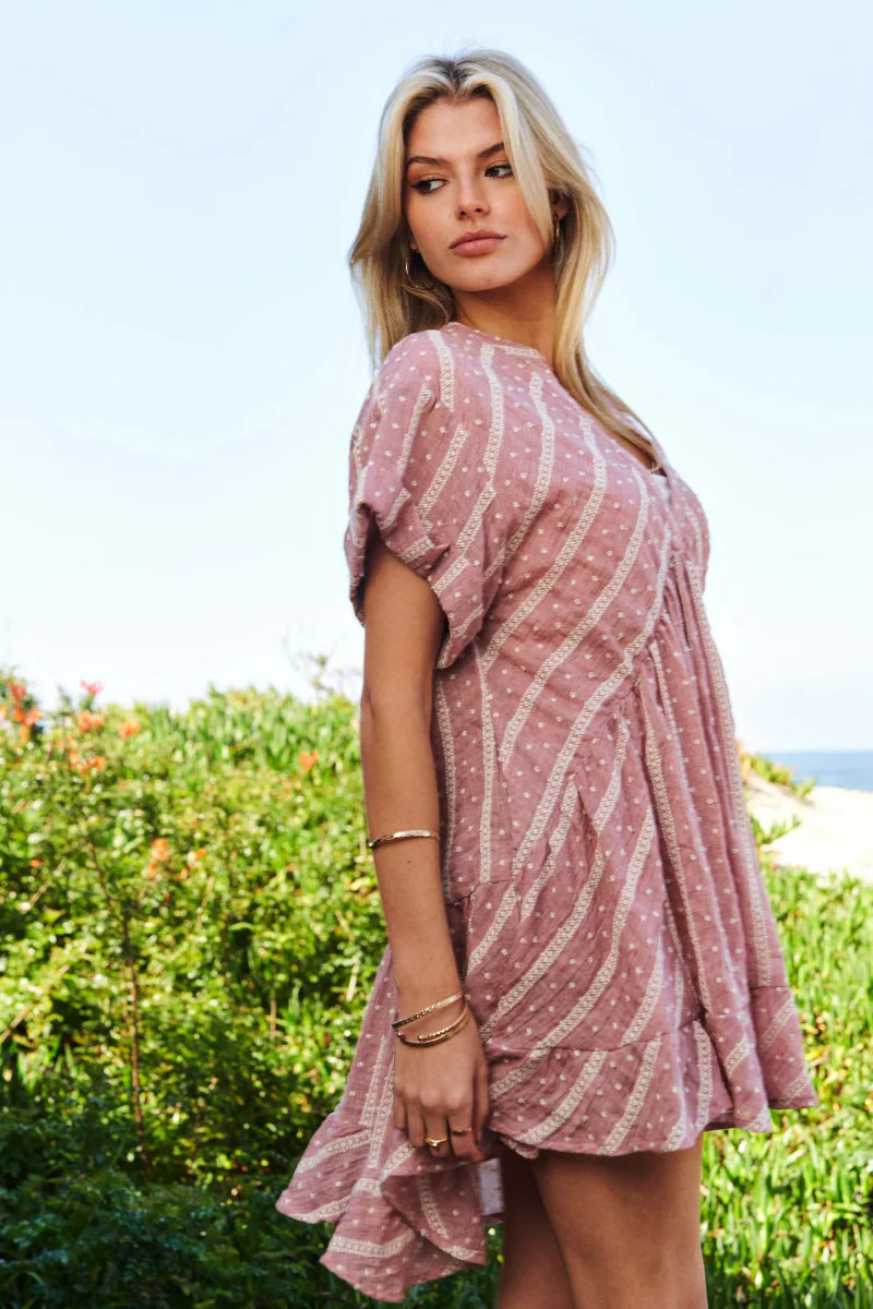 Davi & Dani Embroidery V Neck Short Sleeve Ruffled Mini Dress