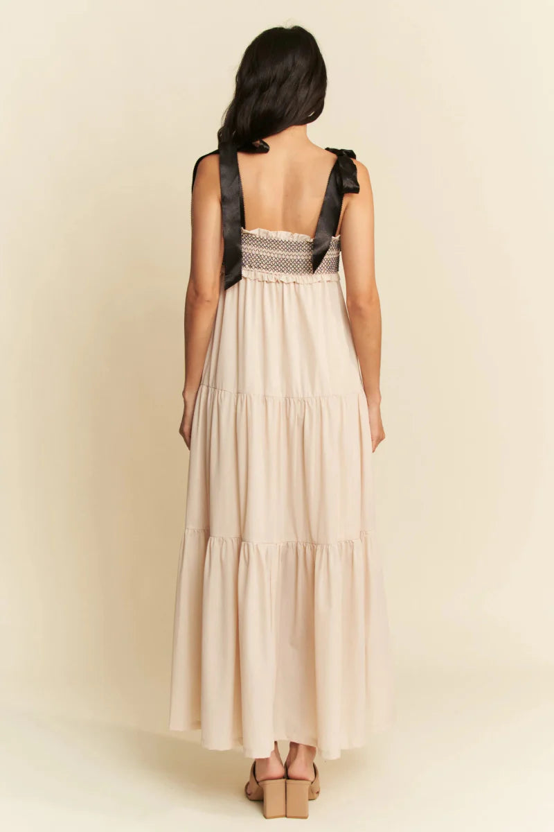 Davi & Dani Multi Contrast Smocked Bodice Straps Maxi Dress