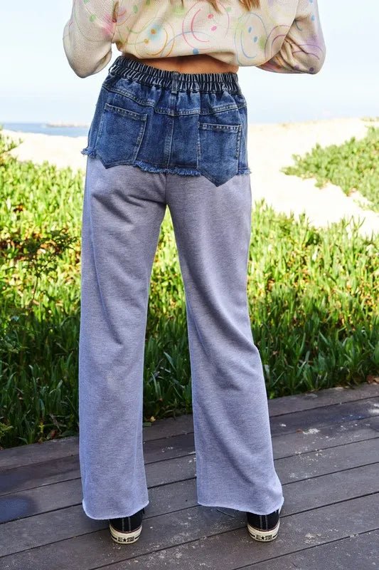 Davi & Dani Raw Hem Denim Patchwork Wide Leg Pants Women
