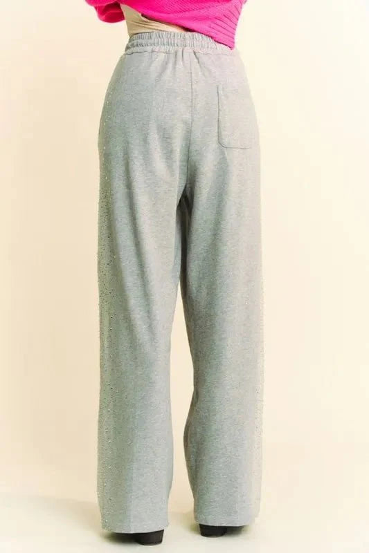 Davi & Dani Rhinestone Elastic Waist Wide Leg Pants For Women
