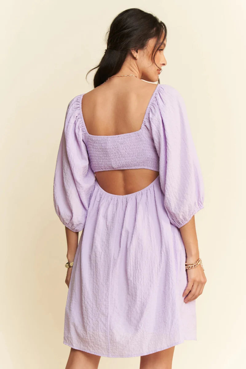 Davi & Dani Self-Tie Puff Sleeve Smocking Mini Dress