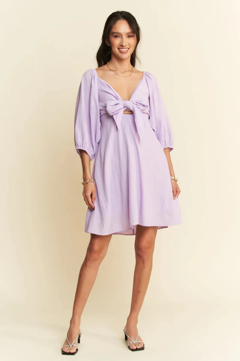 Davi & Dani Self-Tie Puff Sleeve Smocking Mini Dress