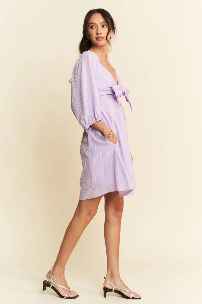 Davi & Dani Self-Tie Puff Sleeve Smocking Mini Dress