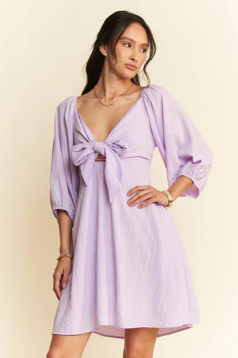 Davi & Dani Self-Tie Puff Sleeve Smocking Mini Dress