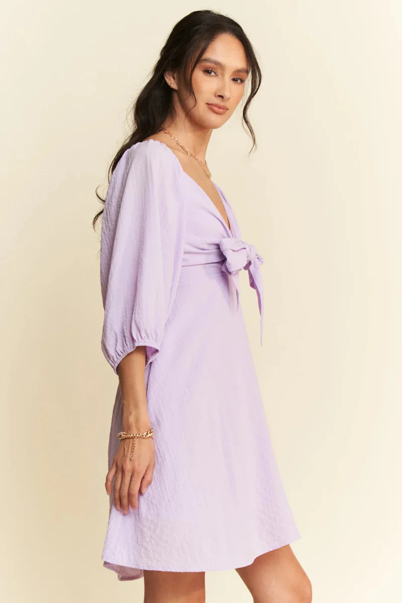 Davi & Dani Self-Tie Puff Sleeve Smocking Mini Dress