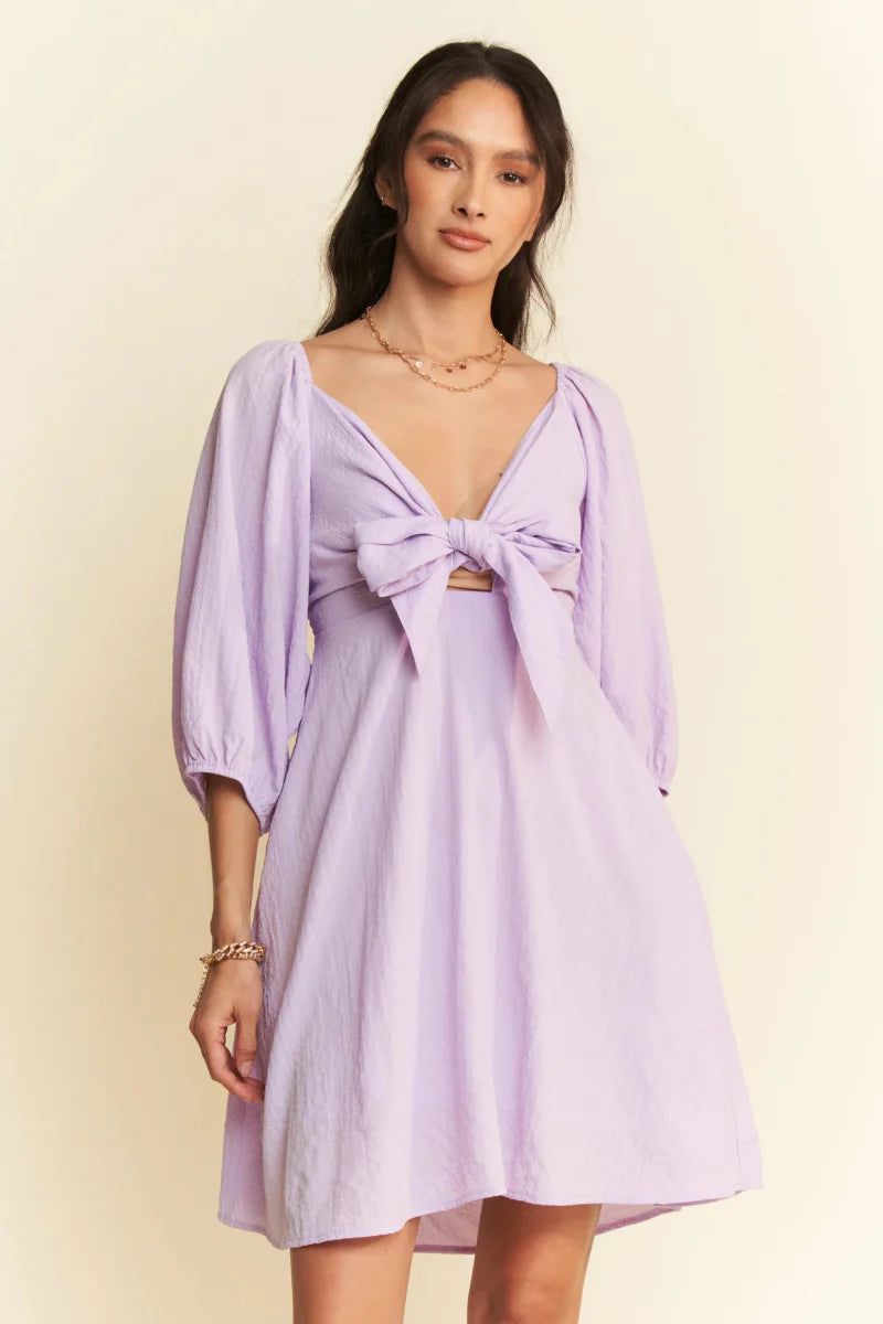 Davi & Dani Self-Tie Puff Sleeve Smocking Mini Dress