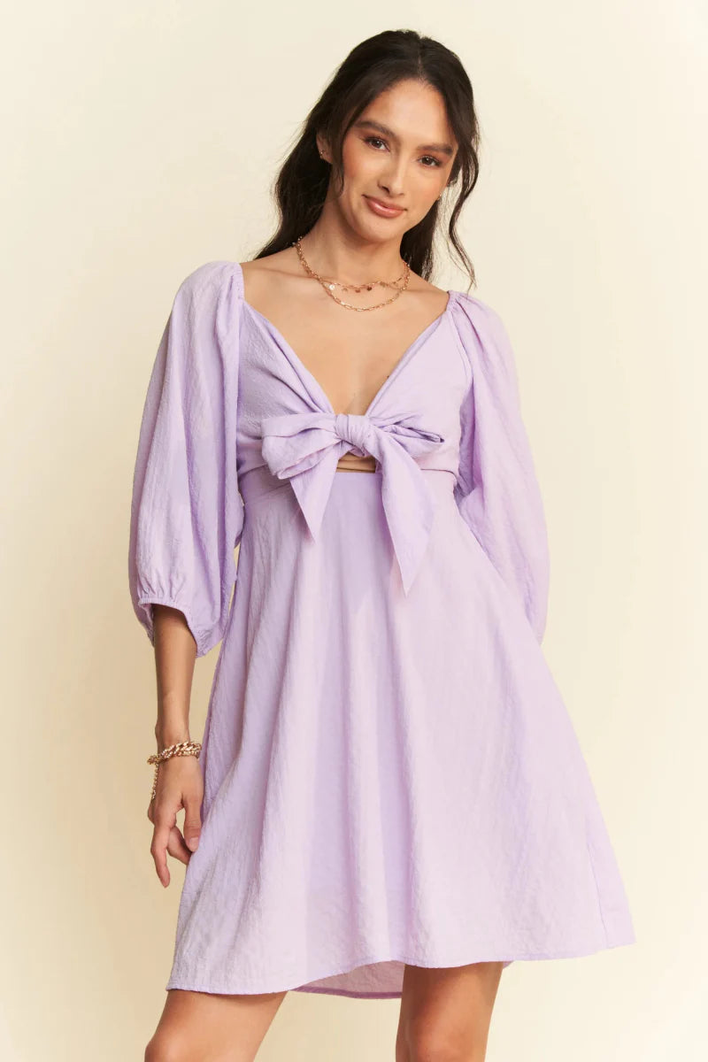 Davi & Dani Self-Tie Puff Sleeve Smocking Mini Dress