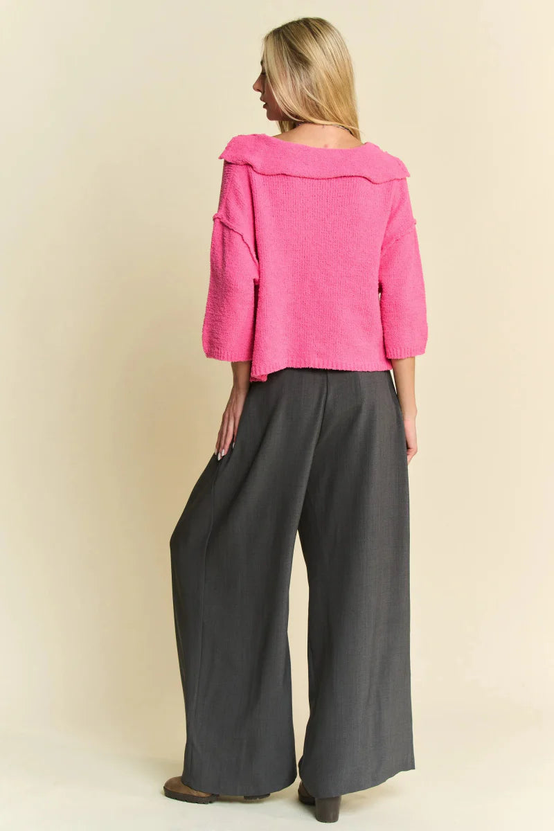 Davi & Dani Solid Back Pocket Shirring Detail Wide Leg Pants