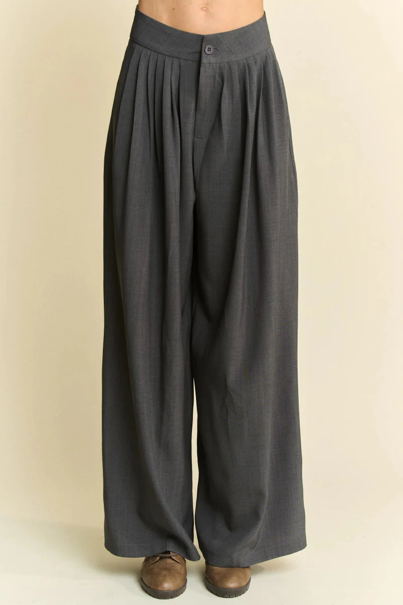 Davi & Dani Solid Back Pocket Shirring Detail Wide Leg Pants