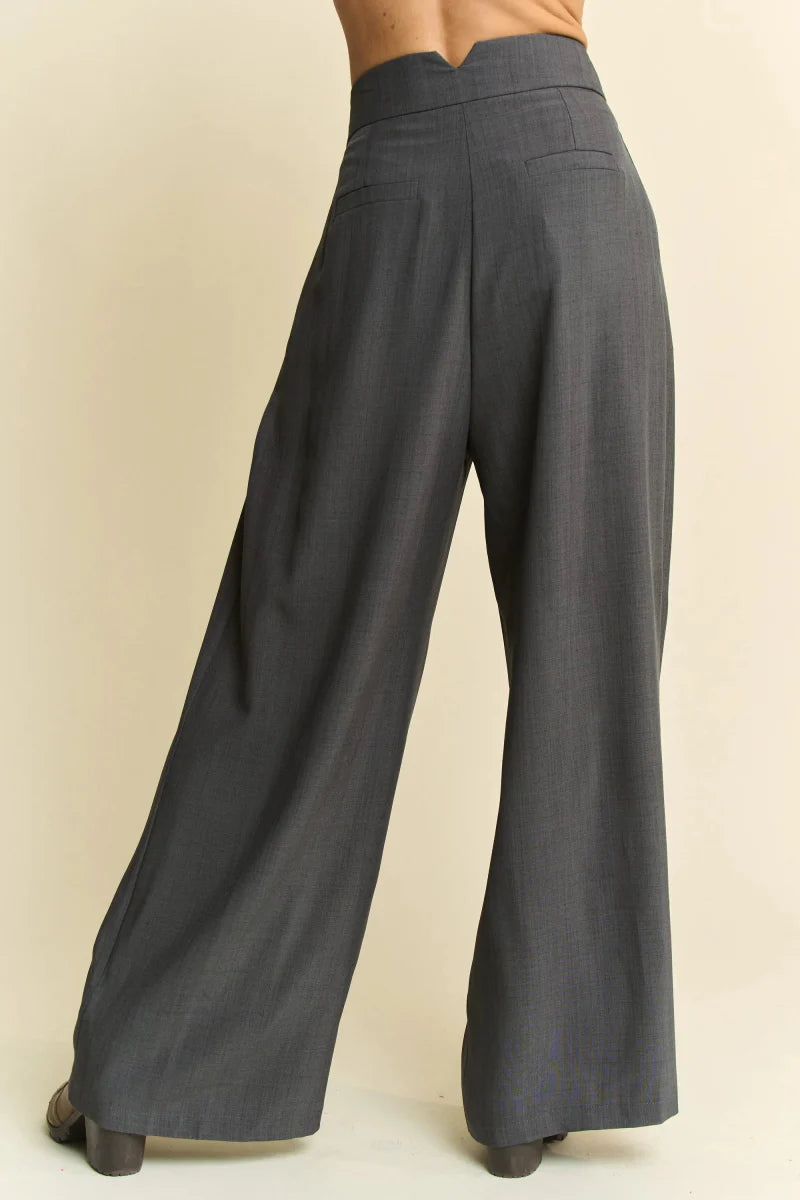 Davi & Dani Solid Back Pocket Shirring Detail Wide Leg Pants