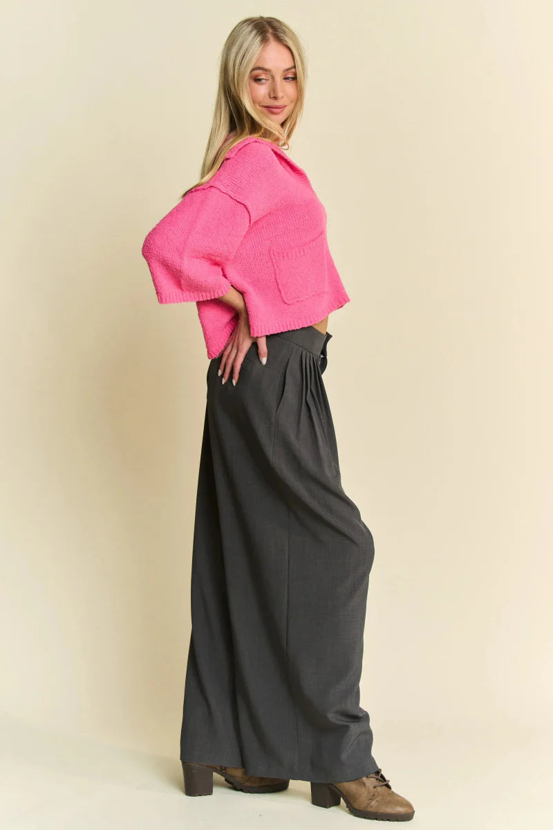 Davi & Dani Solid Back Pocket Shirring Detail Wide Leg Pants