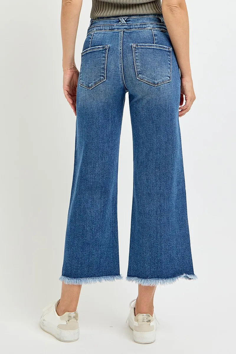 RISEN High Rise Crop Wide Leg Jeans with Wide Band Detail