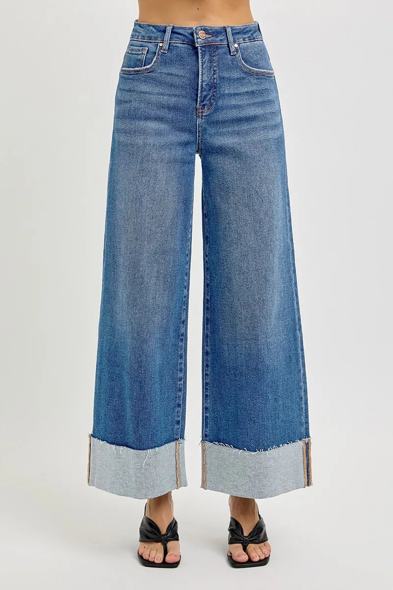 Risen Tummy Control High Rise Crop Wide Cuffed Jeans