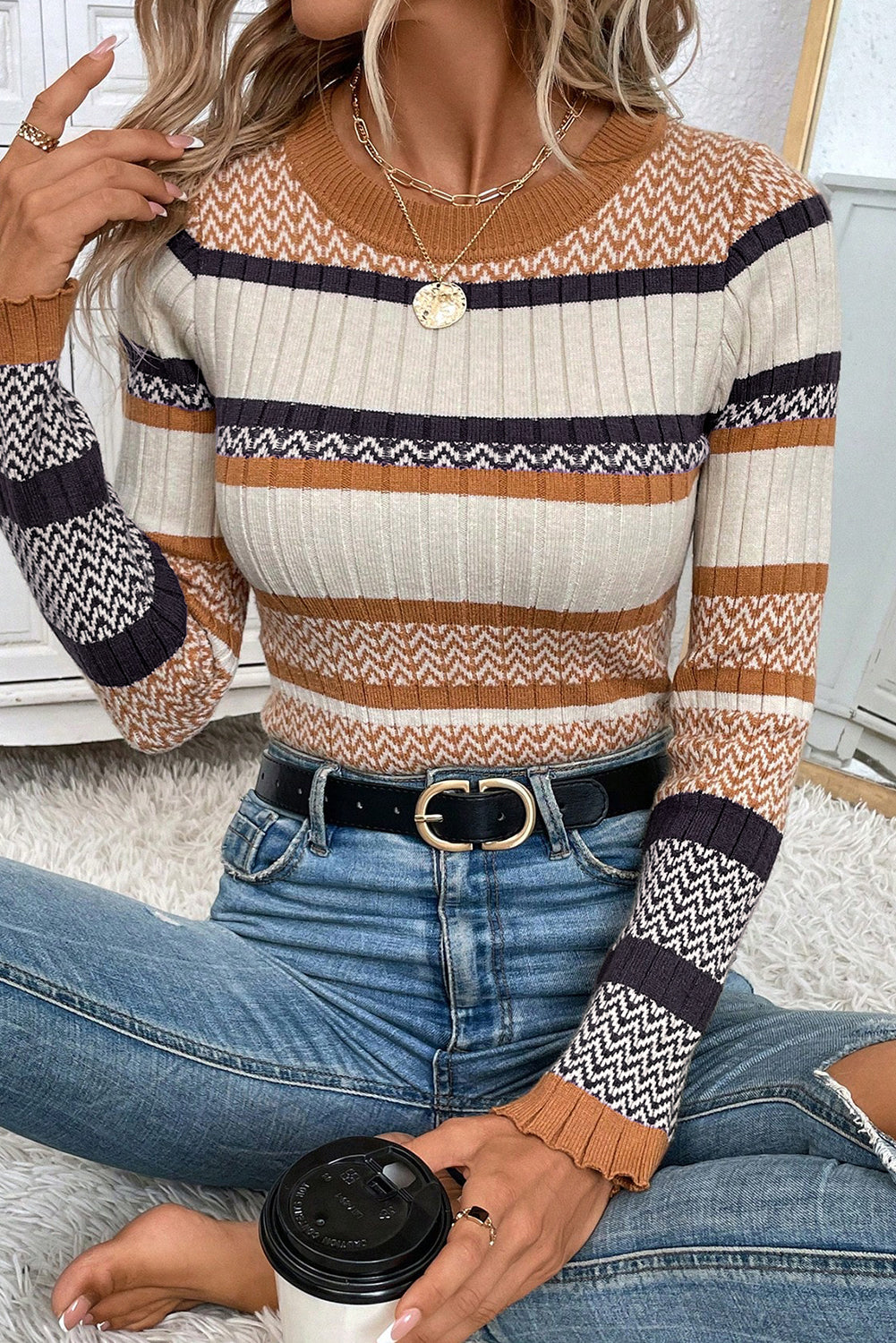 Premium Brown Stripe Knit Slim Sweater With Ribbed Trim Detail