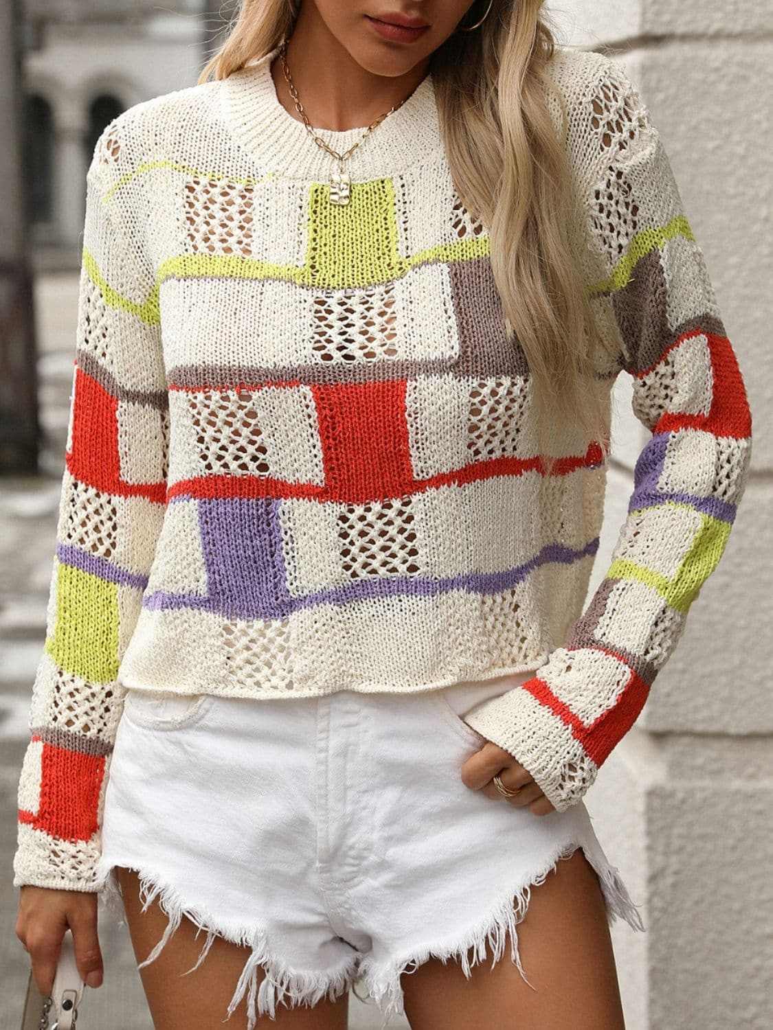 Colorful crochet round neck pullover