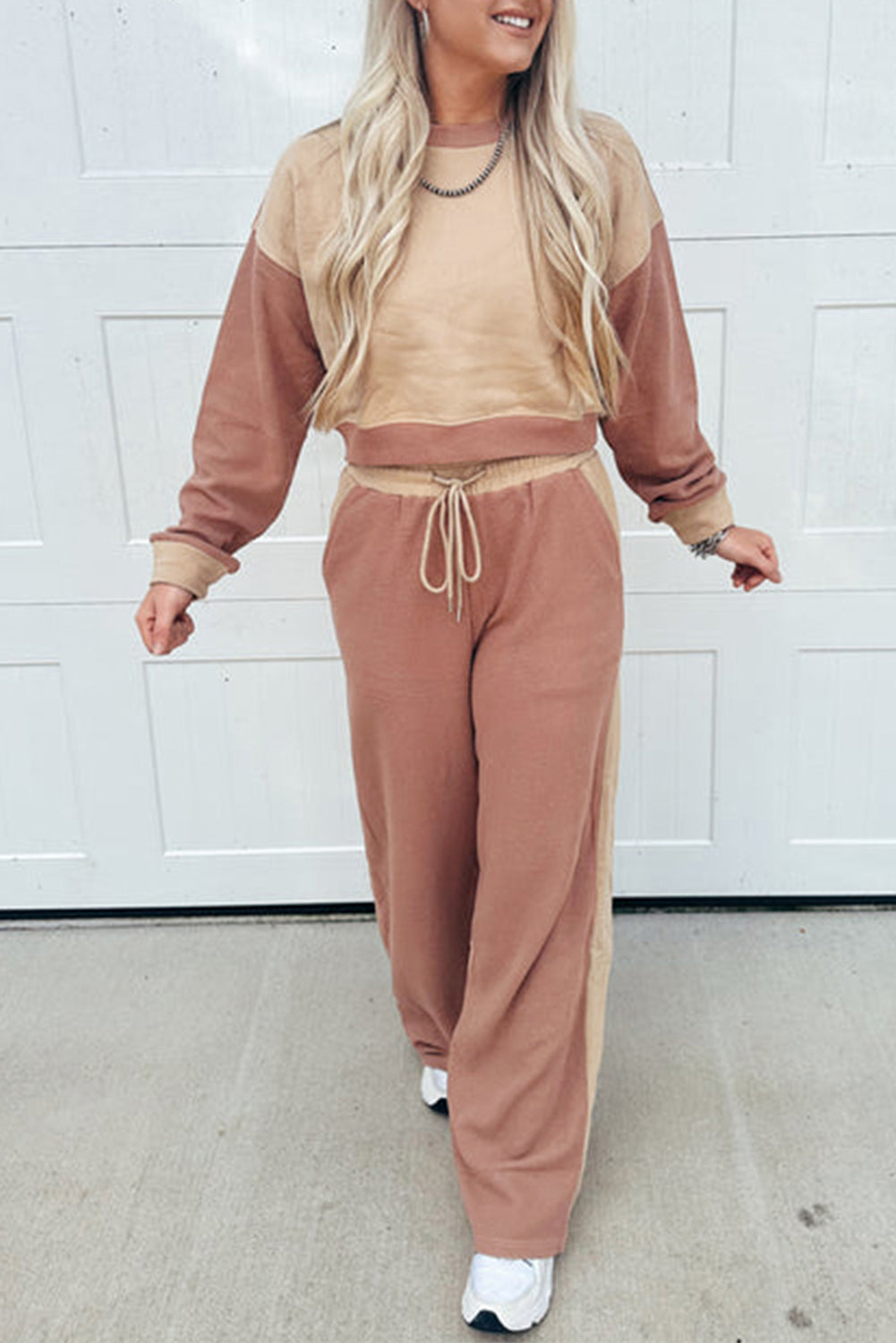 Premium Khaki Color Block Long Sleeve Crop Top Drawstring Pants Set