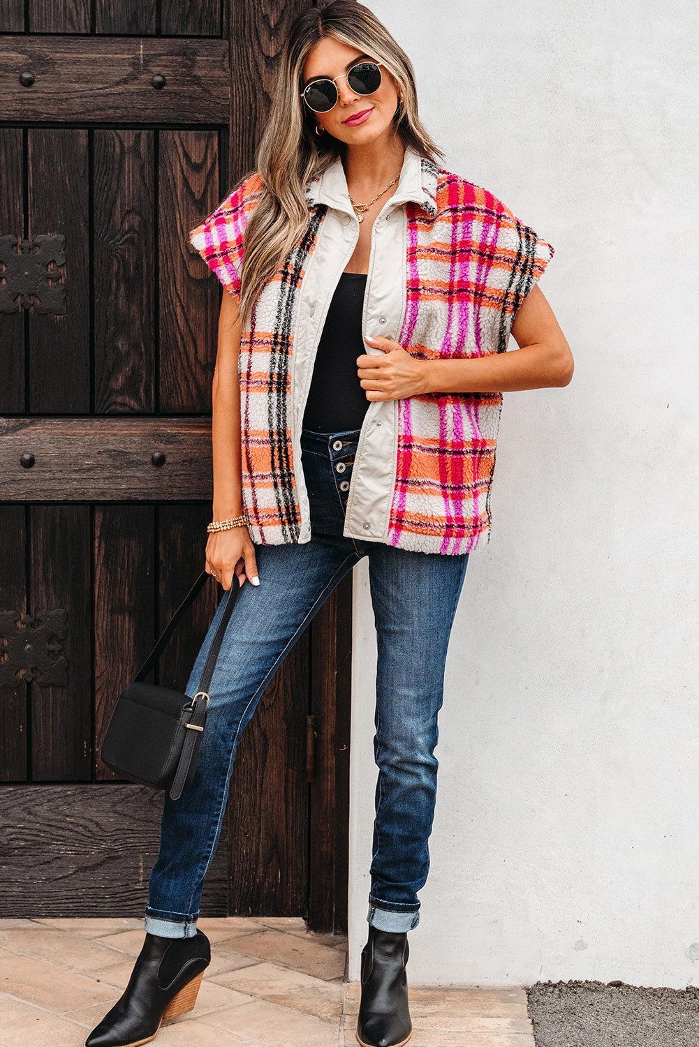 Rose Sherpa Plaid Jacket Vest