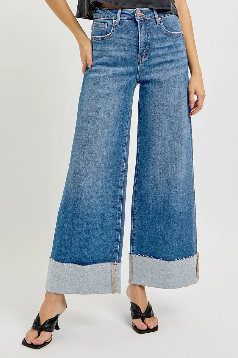 Risen Tummy Control High Rise Crop Wide Cuffed Jeans