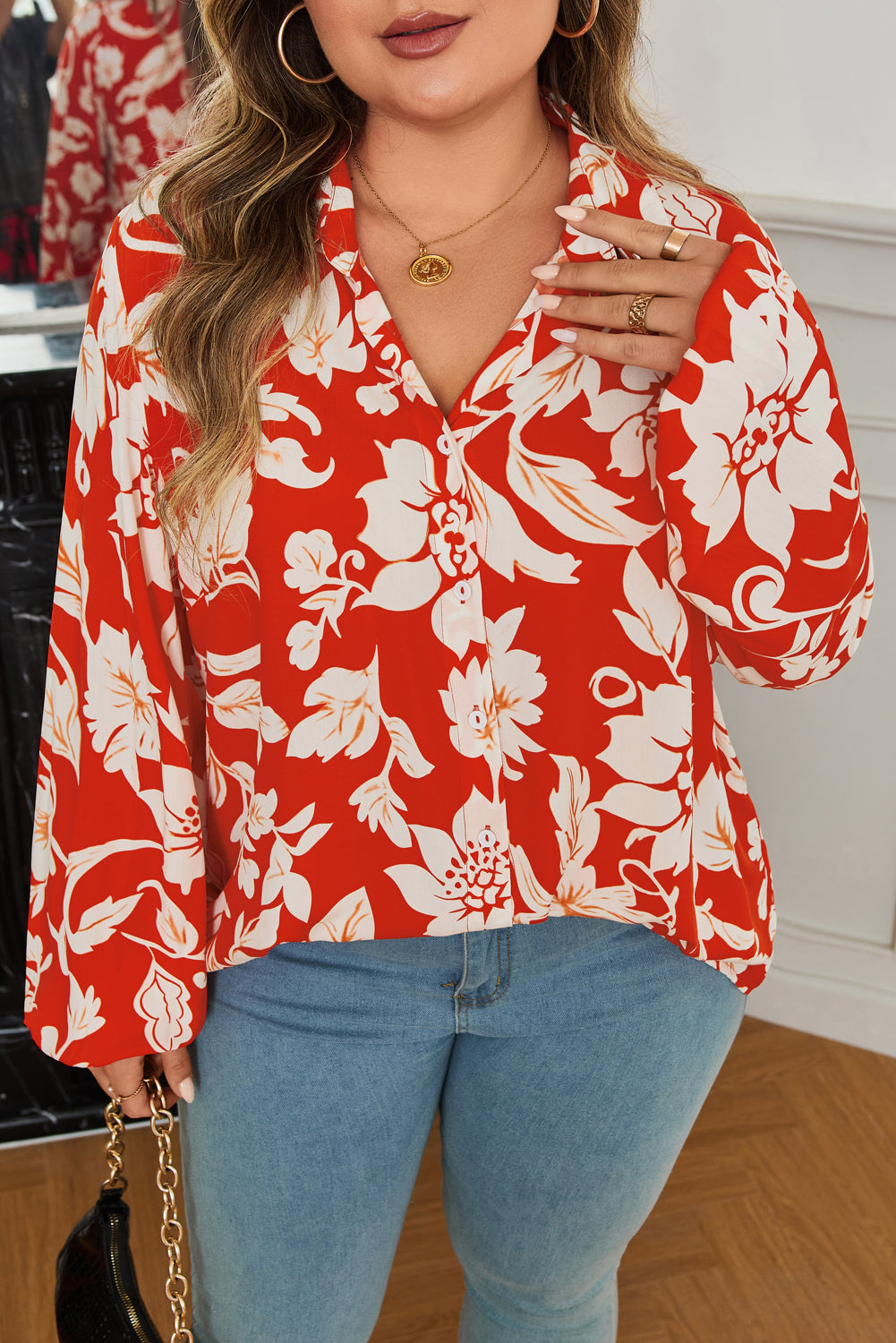 Premium Red Plus Size Floral Print Loose Button Up Shirt For Women