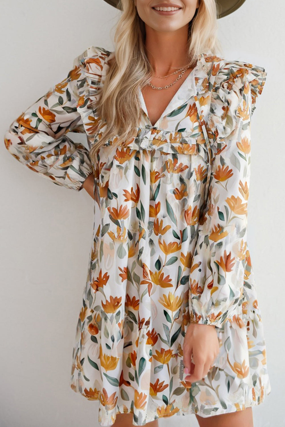 Yellow Floral Print Tie Neck Frilled Long Sleeve Mini Dress