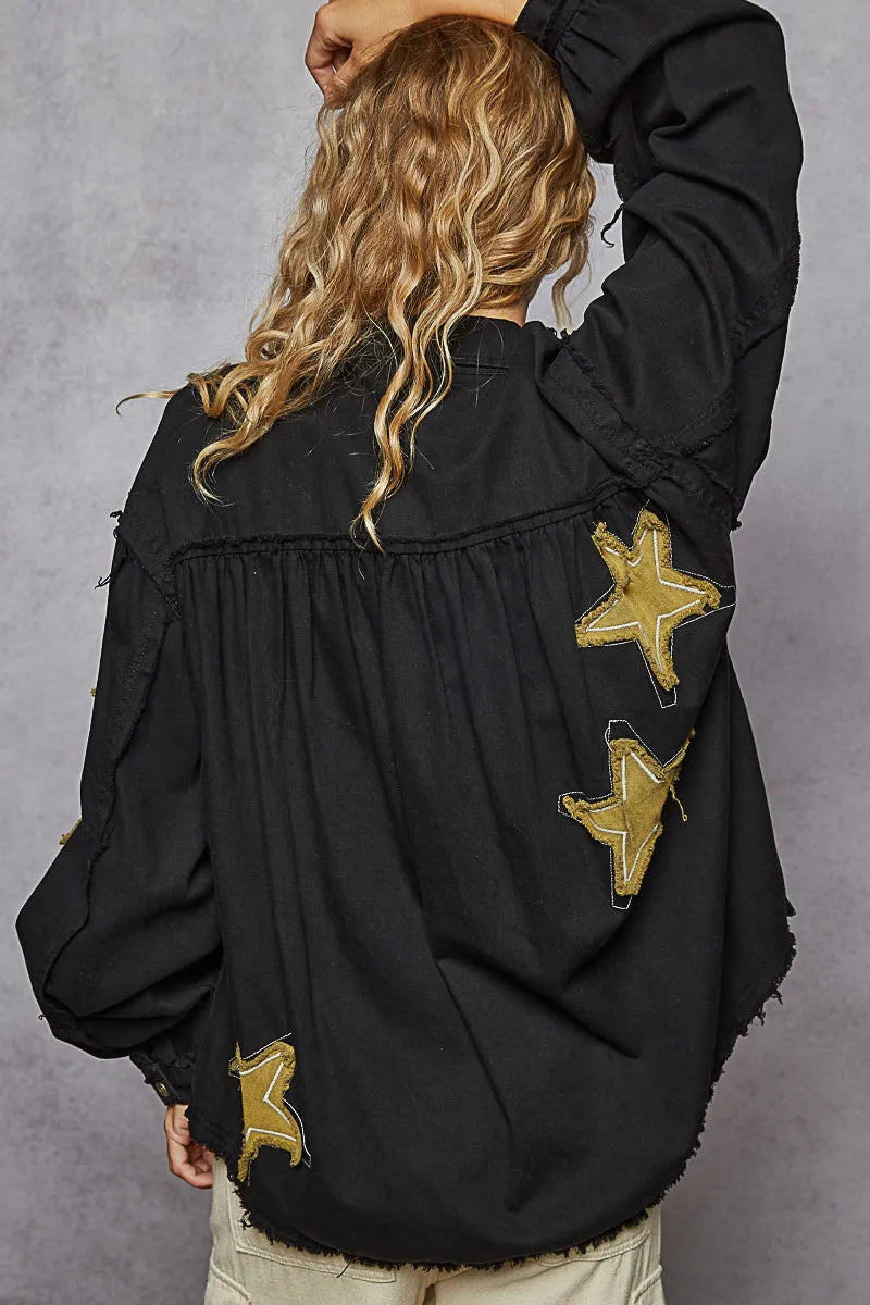POL Star Patch Raw Hem Button Up Denim Jacket