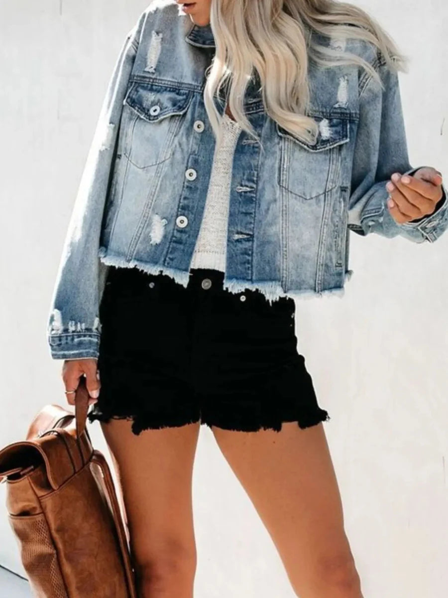Distressed Raw Hem Denim Jacket