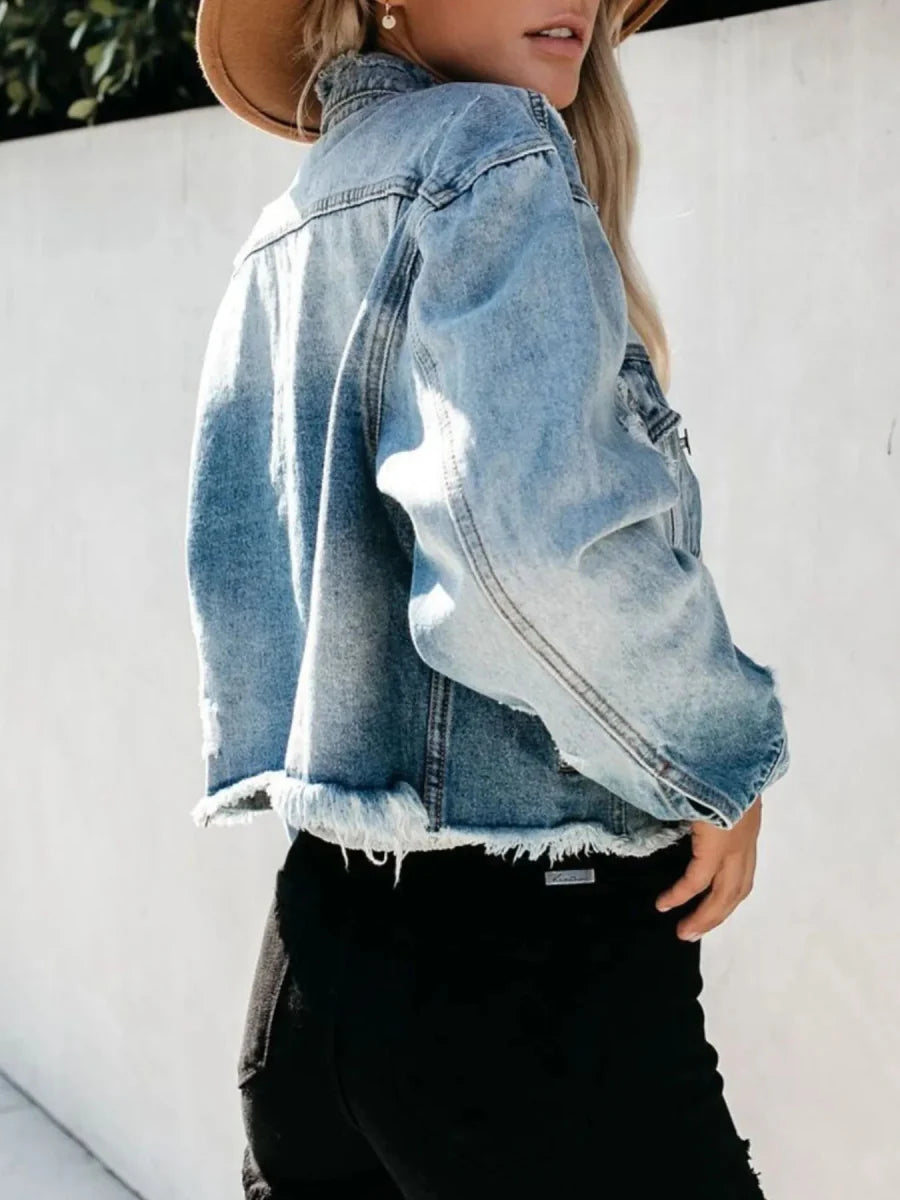 Distressed Raw Hem Denim Jacket