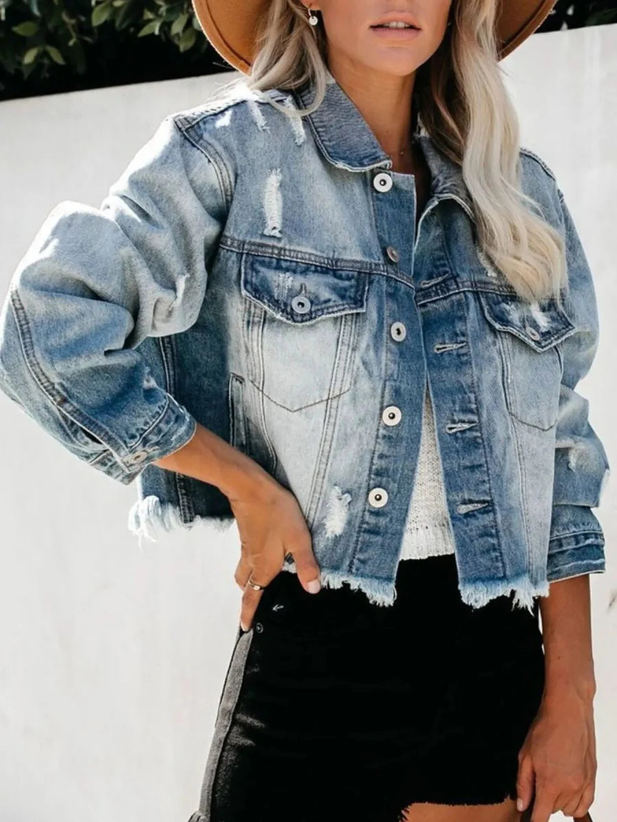Distressed Raw Hem Denim Jacket