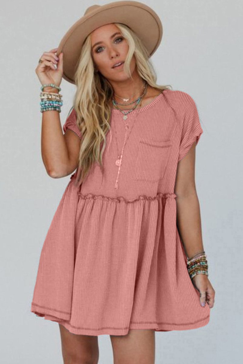 Dusty Pink Corded Knit Textured Patched Pocket Frilled Swing Mini Dress