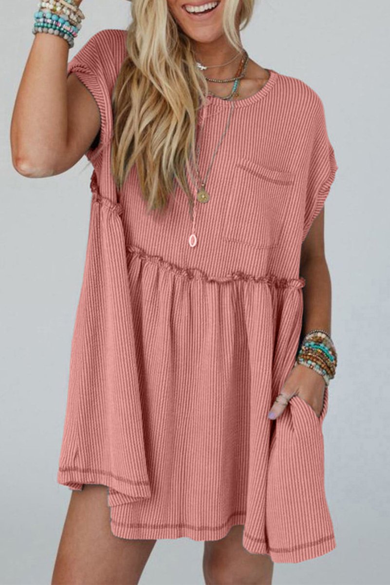 Dusty Pink Corded Knit Textured Patched Pocket Frilled Swing Mini Dress