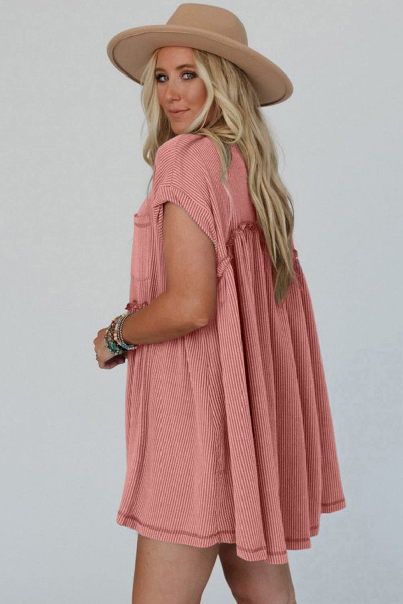 Dusty Pink Corded Knit Textured Patched Pocket Frilled Swing Mini Dress