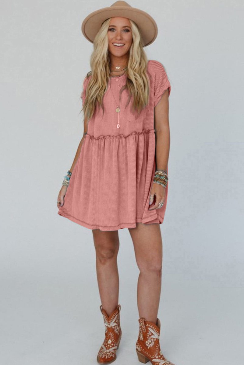Dusty Pink Corded Knit Textured Patched Pocket Frilled Swing Mini Dress