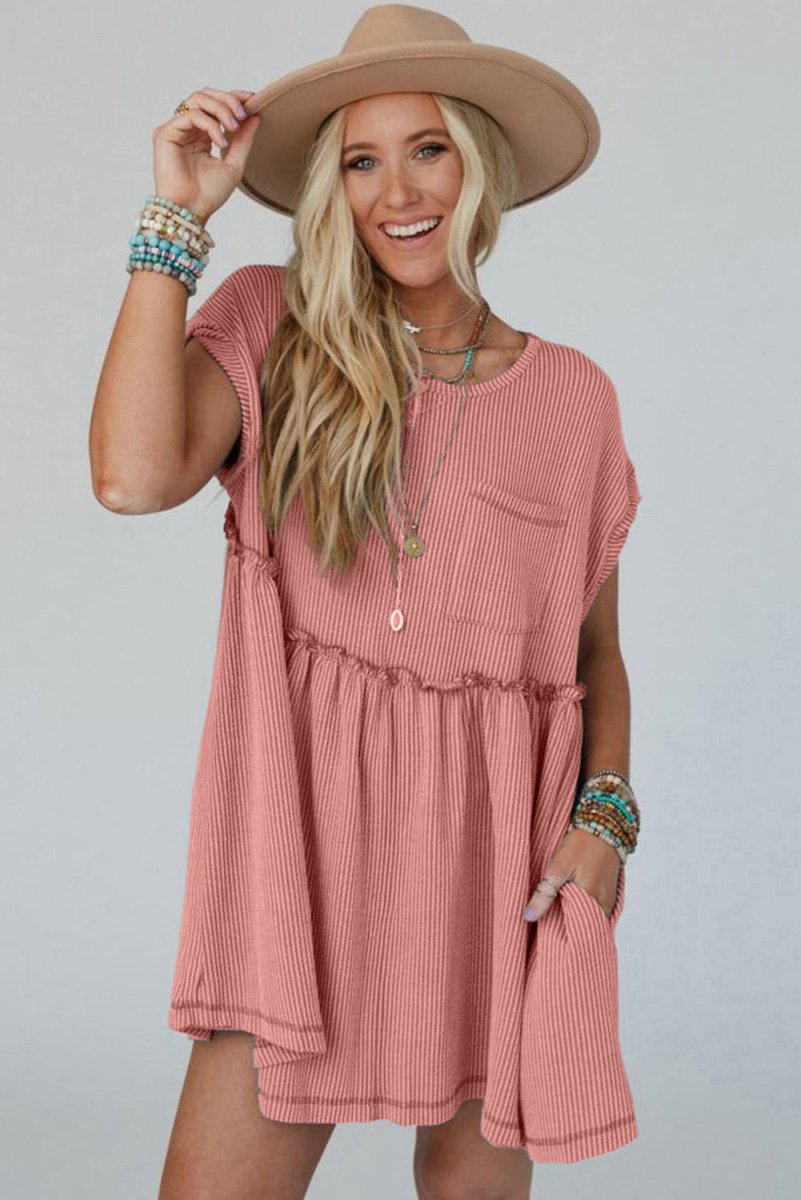 Dusty Pink Corded Knit Textured Patched Pocket Frilled Swing Mini Dress