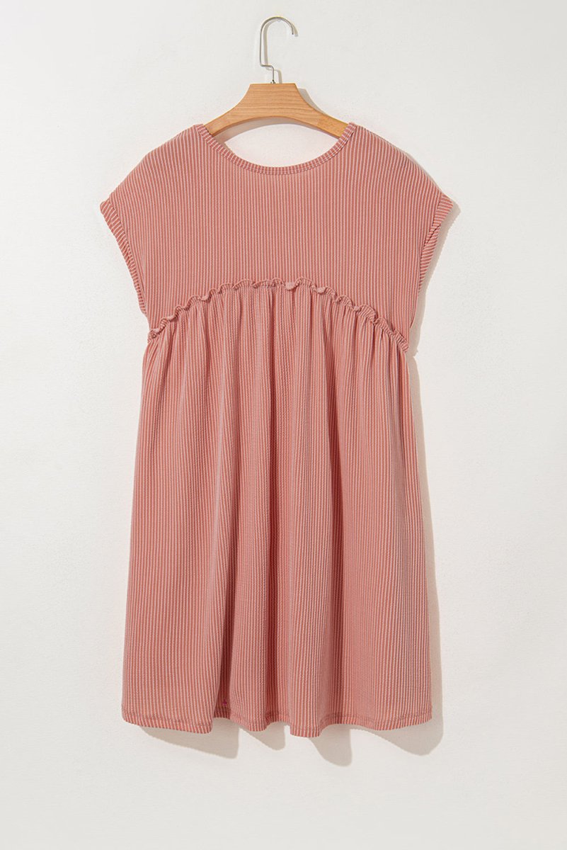 Dusty Pink Corded Knit Textured Patched Pocket Frilled Swing Mini Dress