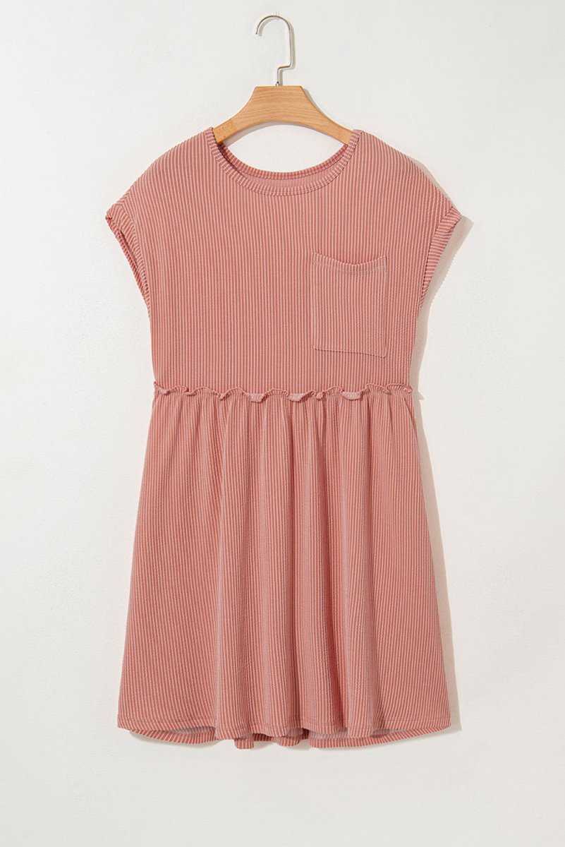 Dusty Pink Corded Knit Textured Patched Pocket Frilled Swing Mini Dress