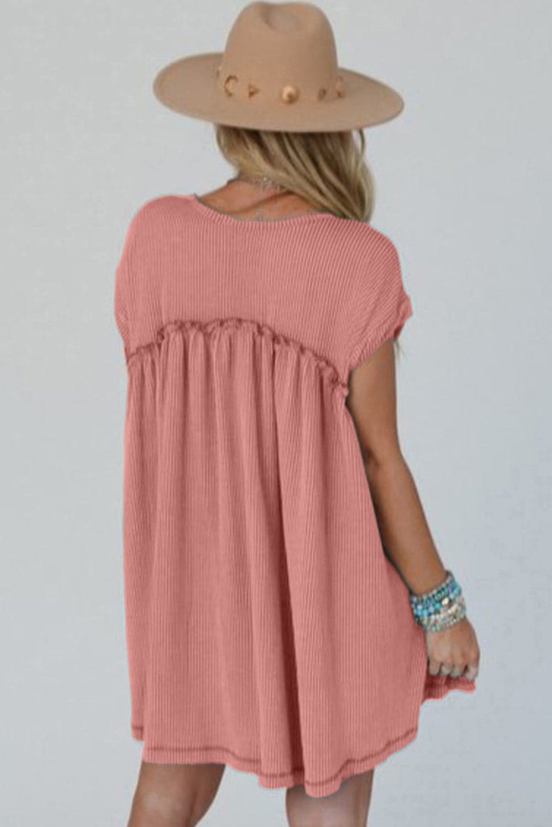 Dusty Pink Corded Knit Textured Patched Pocket Frilled Swing Mini Dress