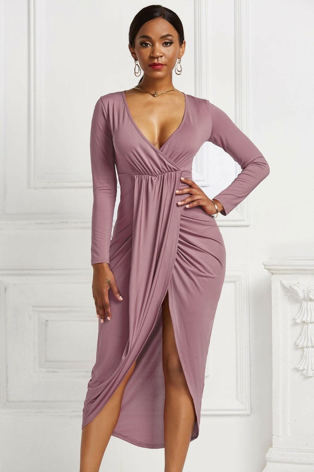 Elegant ruched surplice dress