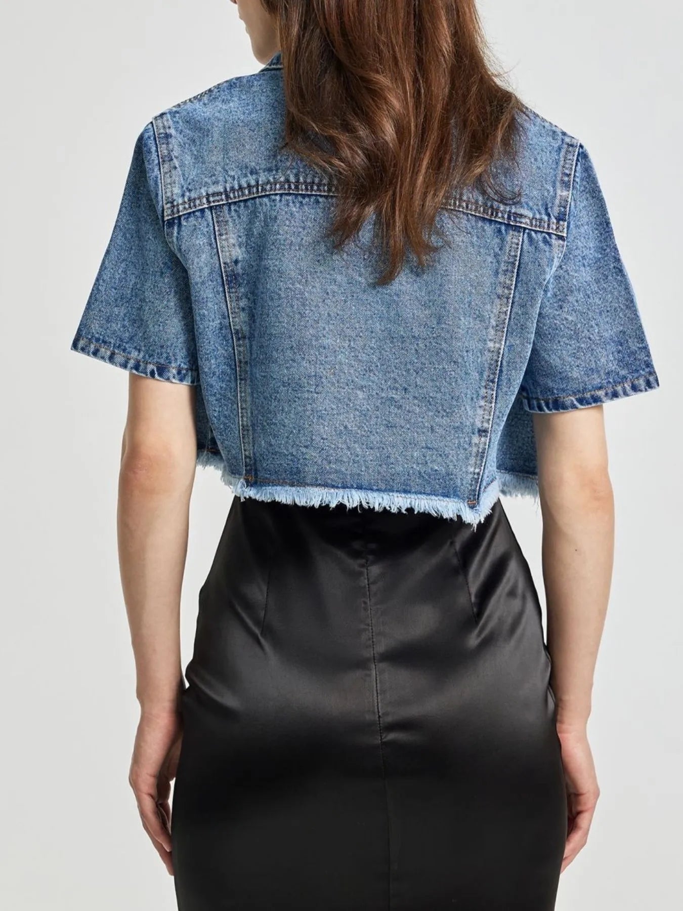 Cropped Short Sleeve Denim Jacket with Frayed Hem