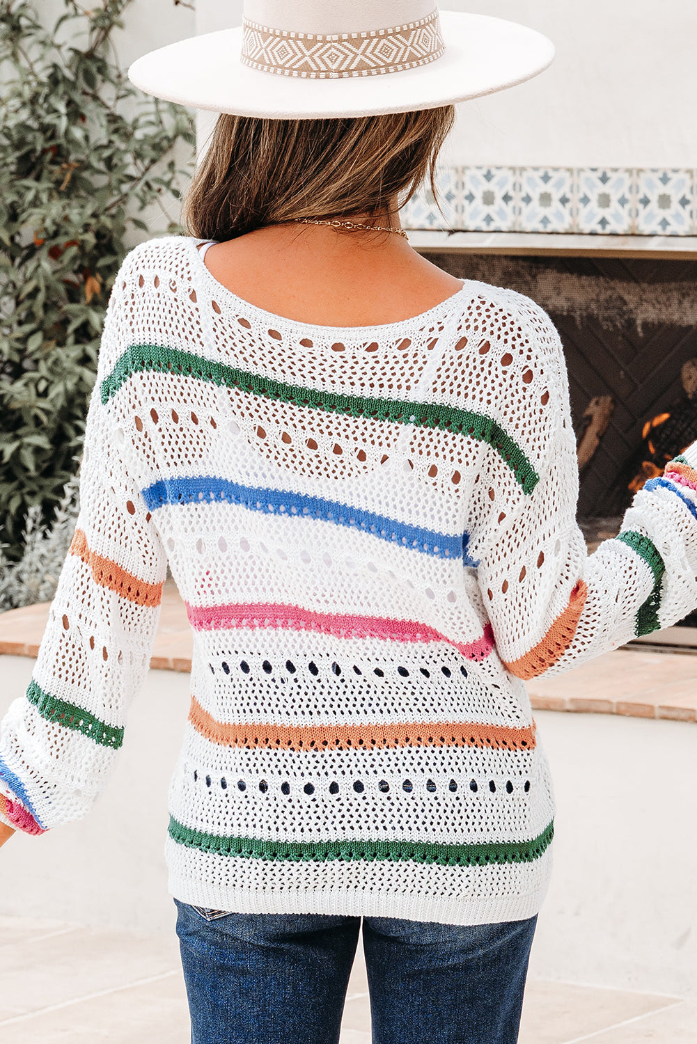 Premium White Color Block Striped Pointelle Knit Sweater