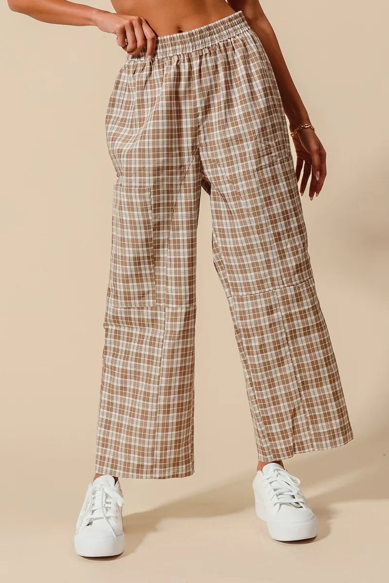 SO ME Check Plaid Wide Leg Pants with Big Patch Pockets