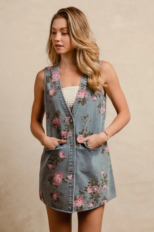 BiBi Floral Print Washed Denim Long Rider Vest