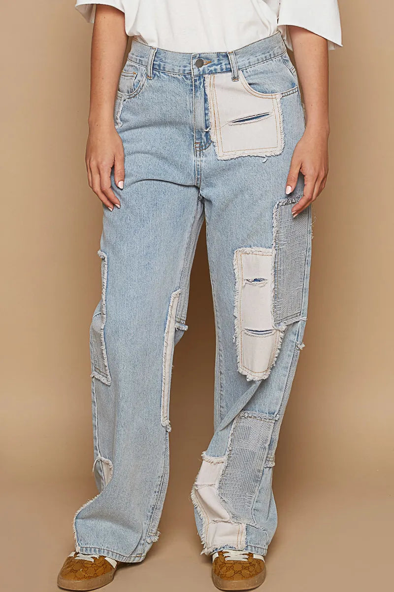 POL Contrast Patched Raw Hem Straight Jeans