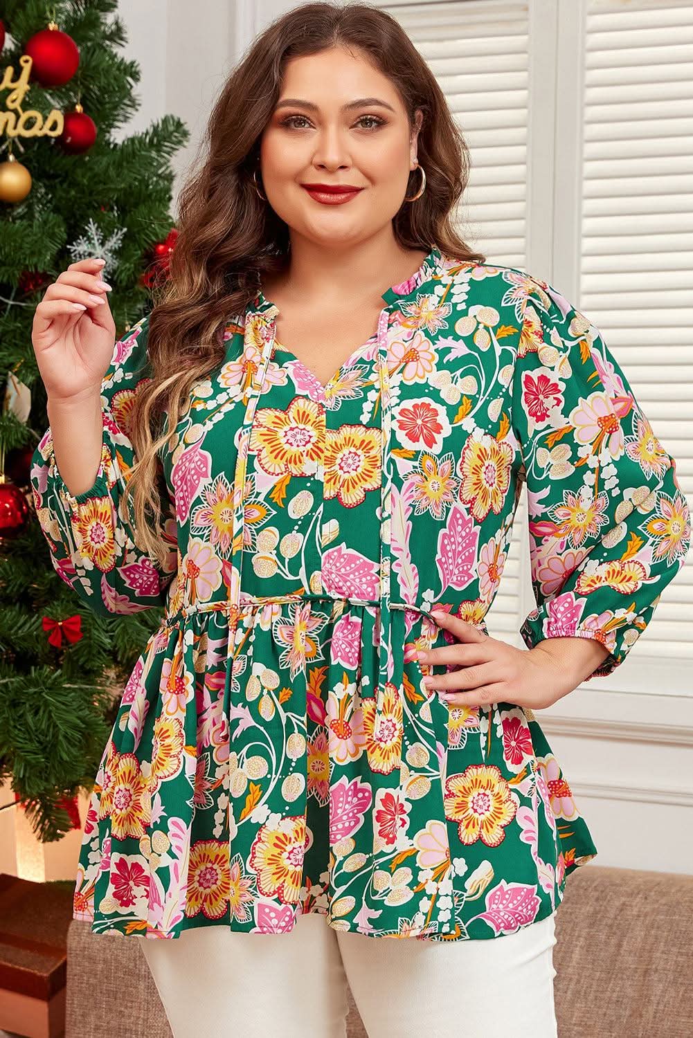 Green floral plus size babydoll top